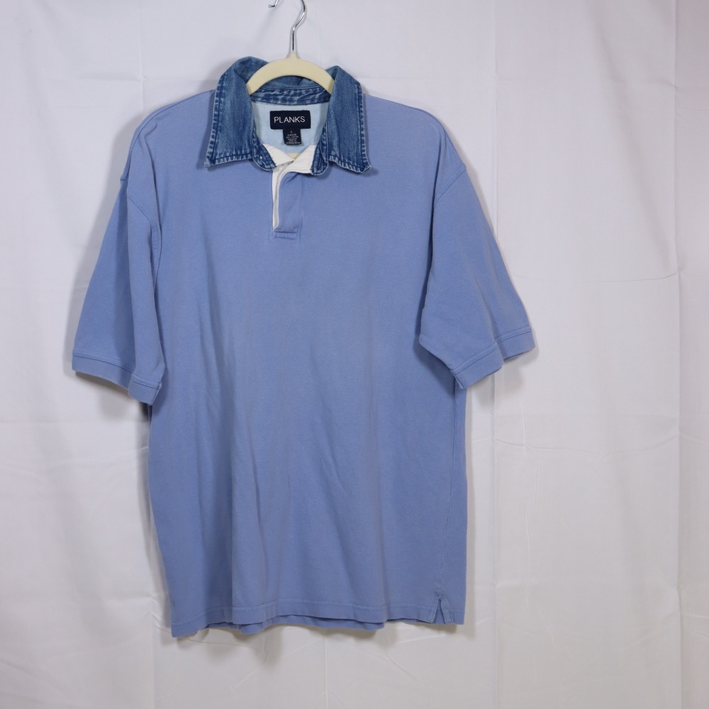 Planks Polo Shirt Mens Large Blue Denim Collar Vintage Short‎ Sleeve Cotton Top